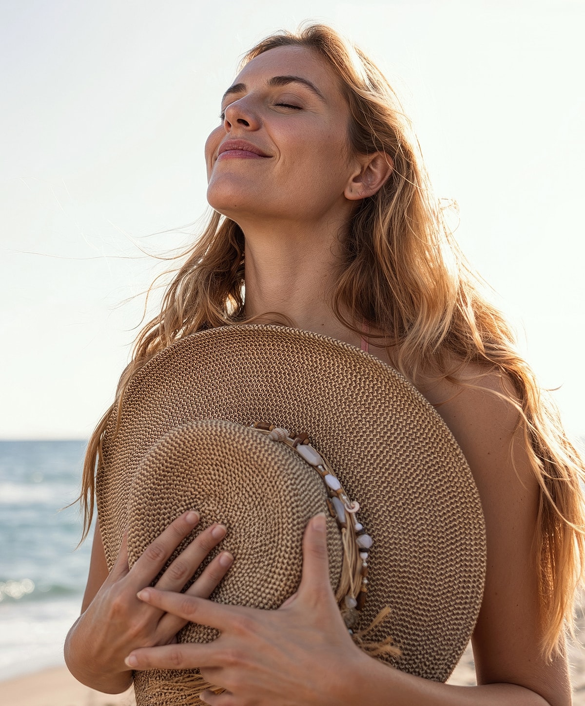 Woman smiling while holding a straw hat.