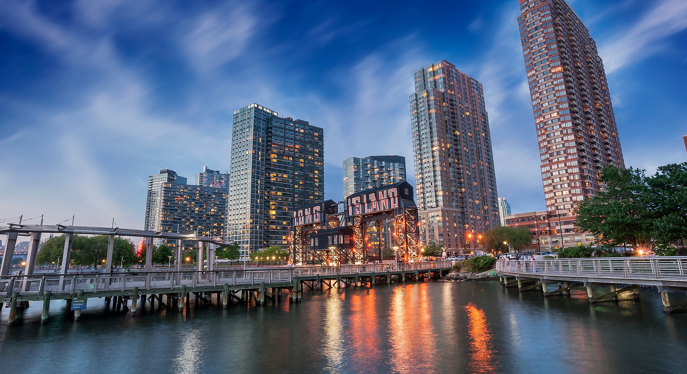 Long Island City waterfront with skyline view.